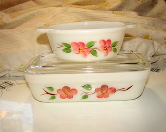 Nice Vintage Lot of 2 AH Fire-King Dishes - Gay Fad Studio Peach Blossom Refrigerator Loaf Dish with Lid and 1 Pt. Casserole ~ Free Shipping