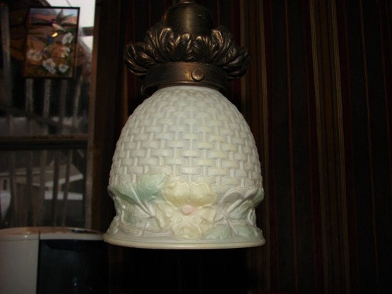 Beautiful Turn-of-the-Century Solid Cast Bronze Ceiling Drop Light with Reverse Hand painted Glass Shade ~ FREE SHIPPING