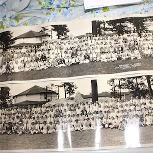 May include: Two black and white photographs of a large group of people posing outdoors. The photographs are of the same scene, with the text "MASONETTE LADIES" and "TRIP TO ALGONQUIN 1934" visible.