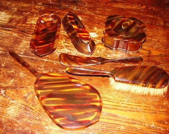 Nice Tortoise Shell Celluloid Women's Ladies 5 Piece Vanity Dresser Set ~ Good Condition Pyralin Shell LaBelle ~ FREE SHIPPING
