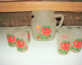 Very Cute Mid Century Hazel Atlas Orange Juice Set ~ 6 Frosted Glasses and Pitcher in Great Condition ~ FREE SHIPPING