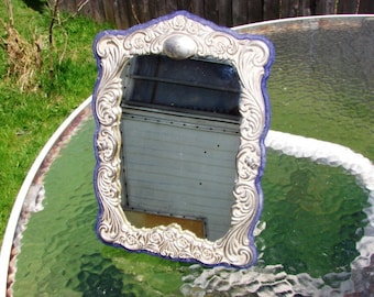 Antique Art Nouveau Silvered Frame with Mirror and Blue Velvet ~ Great for Wedding Photo or Use as Mirror