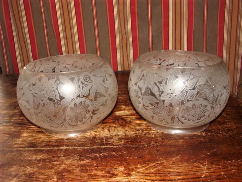 Gorgeous Matching Pair of Frosted and Etched Gas Fish Bowl Shades from the Late 1800/'s in Fine Condition ~ Clematis Vines Etching