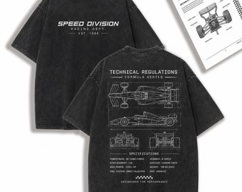 Vintage Racing Blueprint Top, Speed Division Motorsport Oversized Apparel, Distressed Retro Car Engineering Art, Edgy Streetwear
