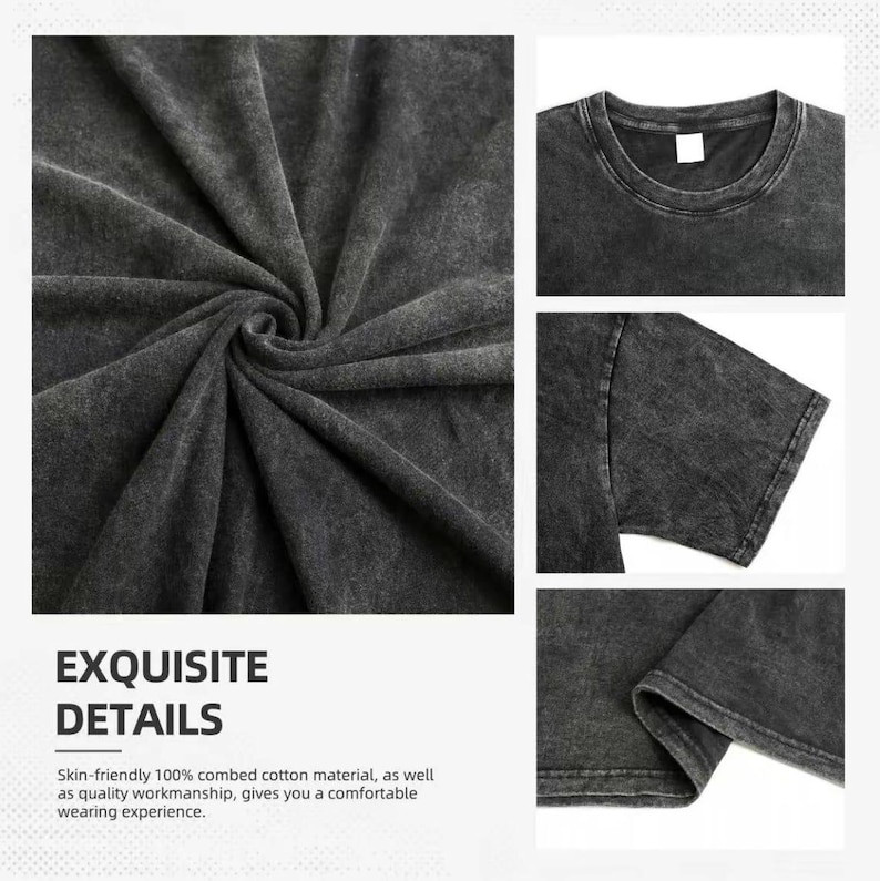 May include: Close-up of a dark gray t-shirt with a crew neck and short sleeves. The fabric is textured and appears to be made of 100% combed cotton. The image also includes the text "EXQUISITE DETAILS".