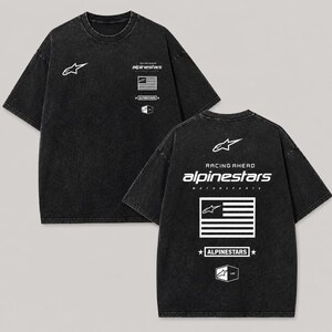 Vintage Racing Ahead Team Shirt, Retro Motorsports Flag Black Acid Wash Tee, Cyberpunk Mechanic Grid Graphic, JDM Automotive Fan Gift