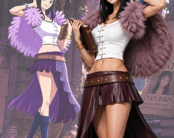 Disfraz de cosplay de erudita aventurera inspirada en el anime, capa corta de piel sintética, top corto blanco, falda de cuero. Conjunto de anime.