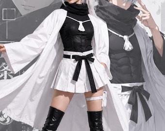 Traje de cosplay de kimono de hechicero blanco, falda plisada negra, disfraz para convención de anime.