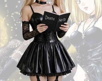 Vestido corsé gótico de cuero negro con encaje, atuendo de cosplay de anime