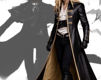 Gabardina militar de cuero negro y dorado hecha a mano, prenda de abrigo gótica de fantasía para cosplay.