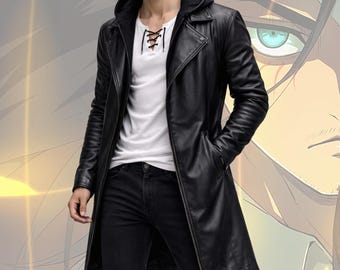 Gabardina de cuero con capucha inspirada en el anime, prenda de abrigo para cosplay de motociclista gótico.