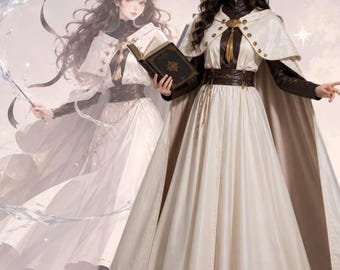 Disfraz de mago de fantasía para cosplay, vestido con capa blanca de mago, atuendo medieval para juegos de rol.