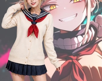 Conjunto de cosplay de uniforme escolar de anime, cárdigan marinero y falda plisada.