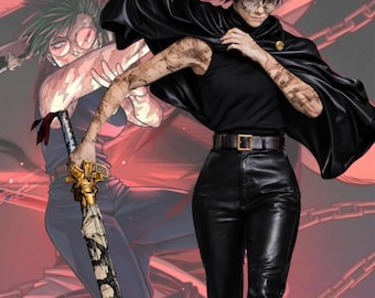 Conjunto de pantalón y capa de cuero negro inspirados en el anime, disfraz de guerrero para cosplay.