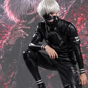 May include: A black faux leather cosplay outfit featuring a short-sleeved jacket with a high collar, matching shorts, and arm sleeves. The ensemble includes a black mask with a silver-colored tooth design and white hair, mimicking a character.