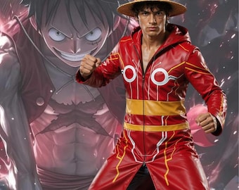 Gabardina de cuero roja para hombre inspirada en el anime, disfraz de cosplay futurista.