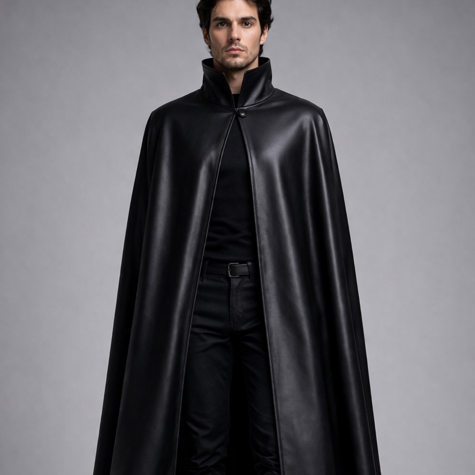 High Rise Cloak Anime Inspired Black Leather Long Cloak: High Collar Gothic Cosplay ...