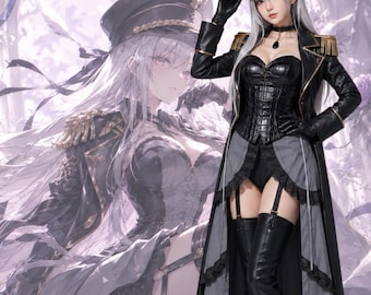 Vestido de cosplay militar gótico: corsé de cocodrilo, abrigo con detalles dorados, atuendo de anime.