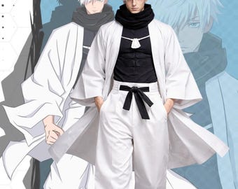 Traje de cosplay de hechicero inspirado en el anime: abrigo de cuero blanco, pantalones holgados, disfraz a medida.