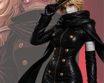 Vestido de cosplay de estilo militar inspirado en el anime para mujer, abrigo de cuero negro, disfraz de convención de manga, hecho a medida.