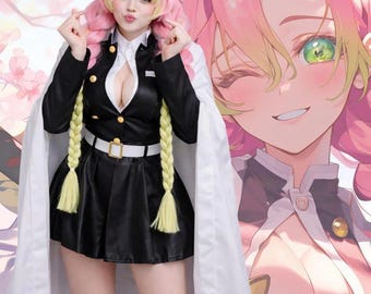 Disfraz de Love Hashira para cosplay, vestido negro de piel sintética, capa blanca, atuendo de anime para mujer.