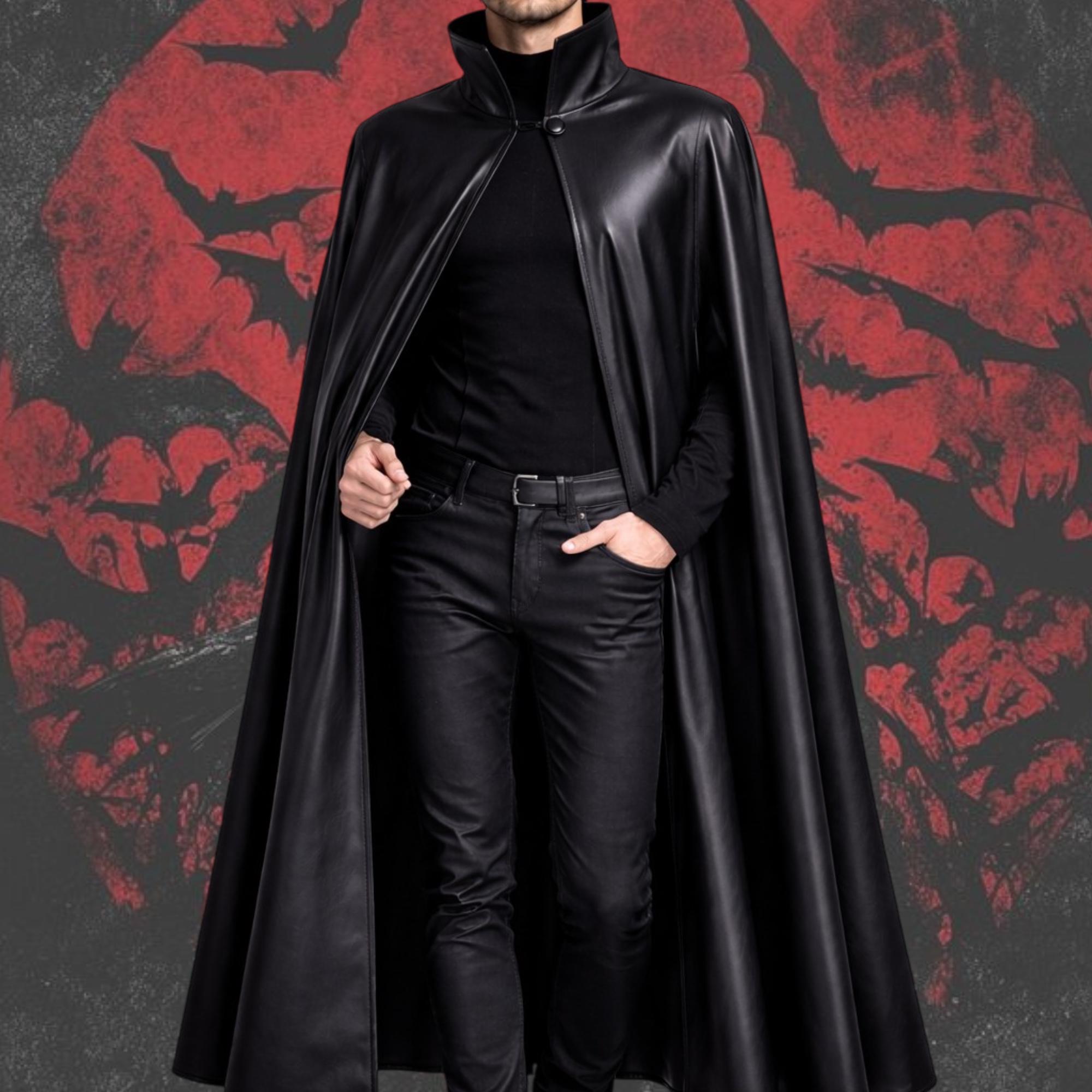 High Rise Cloak Anime Inspired Black Leather Long Cloak: High Collar Gothic Cosplay ...