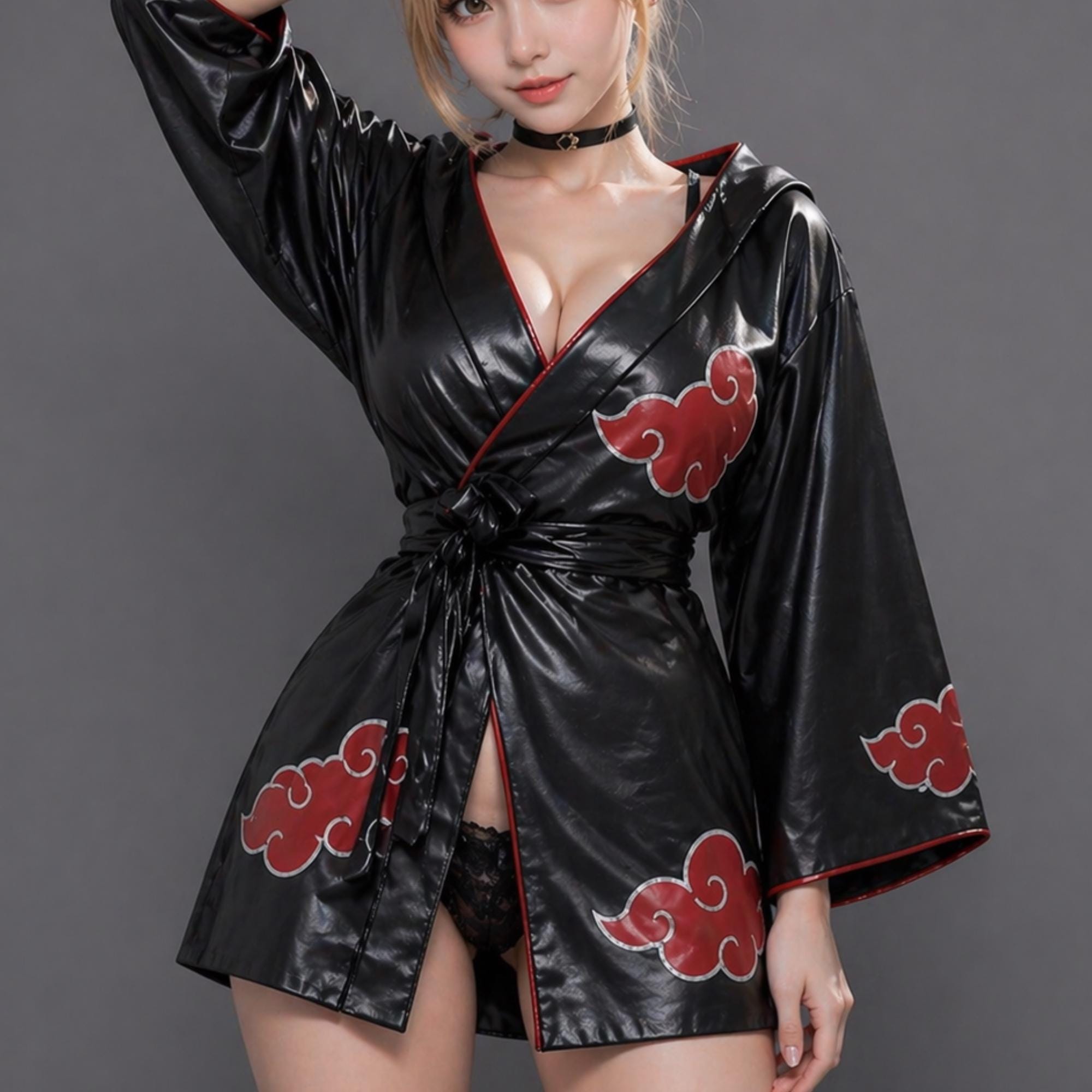 Anime Black Leather Kimono Robe, Red Cloud Gothic Cosplay Costume ...
