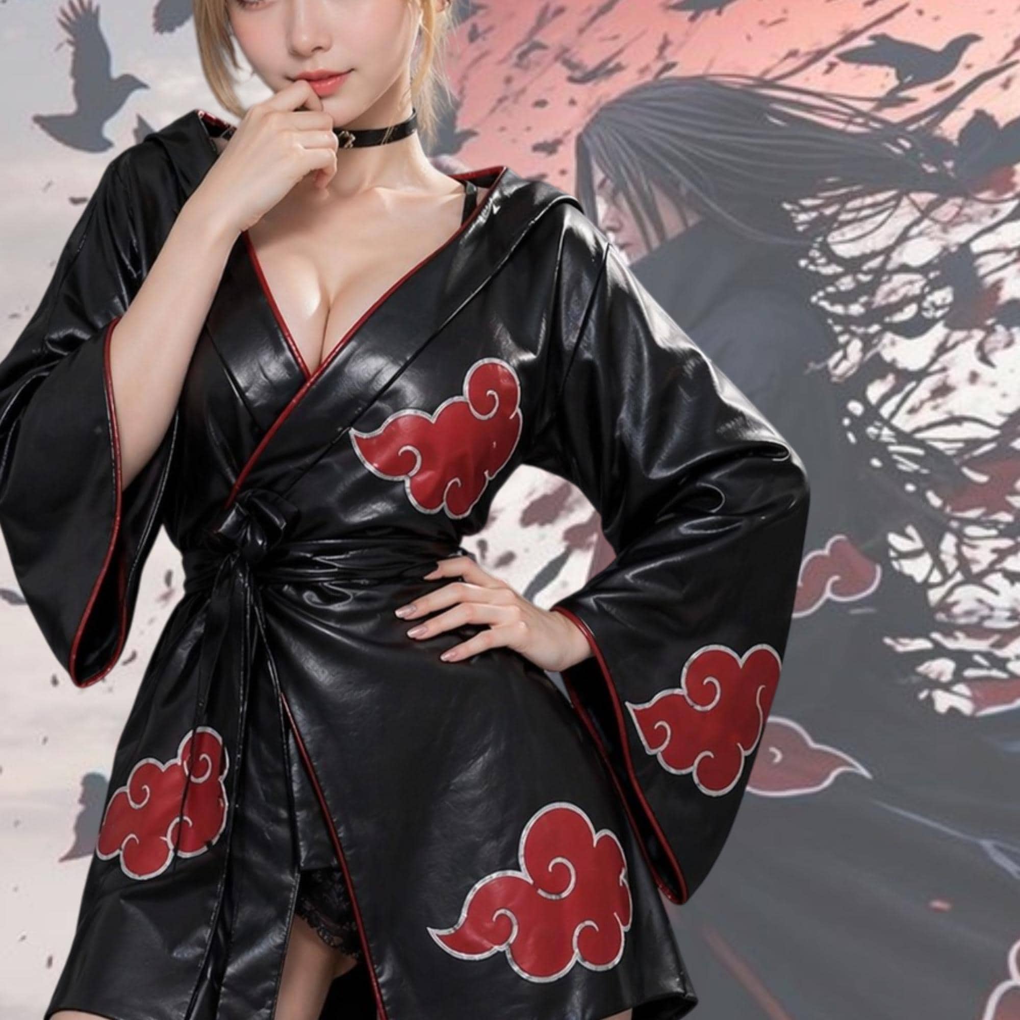 Anime Black Leather Kimono Robe, Red Cloud Gothic Cosplay Costume ...