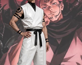 Conjunto de kimono de Rey Demonio inspirado en el anime, traje blanco de artes marciales, conjunto de pantalones hakama, disfraz para convención de manga