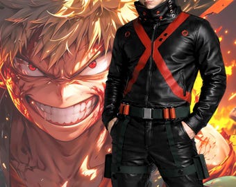 Conjunto de chaqueta y pantalón de cuero inspirado en el anime, traje de cosplay de motociclista negro y rojo hecho a medida