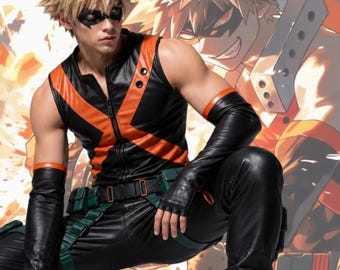 Anime-inspirerat lädercosplay-set med västar och byxor, hjältedräkt, svart-orange taktisk cosplay-dräkt, kongresskläder