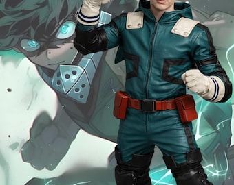 Traje de cuero de superhéroe verde inspirado en el anime, conjunto de disfraz de superhéroe para hombre.
