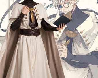 Conjunto de túnica de mago de anime, capa color marfil, disfraz de erudito de cuero para cosplay
