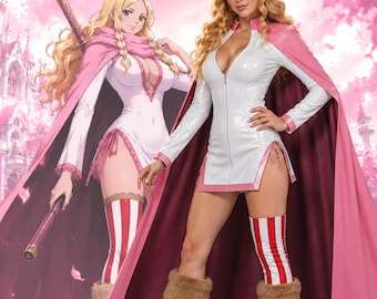 Anime Inspired Pink Cape Cosplay Costume, White Leather Mini Dress, Fantasy Warrior Outfit, Custom Made Women's Convention Costume