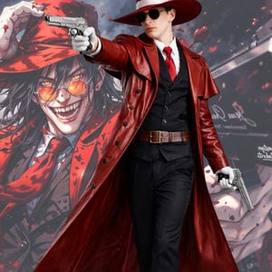 May include: A person in a red leather trench coat, black suit, and red tie, holding a silver handgun. They wear a wide-brimmed red hat and sunglasses. A stylized illustration of a character with orange tinted glasses and a red tie is in the background.