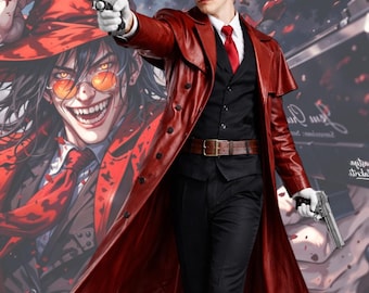 Gabardina de cuero rojo de estilo anime, chaqueta gótica de largo completo para cosplay.