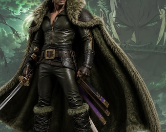 Conjunto de disfraz de guerrero inspirado en el anime, cosplay de espadachín de cuero verde, capa de piel y atuendo de cuero, traje de personaje de fantasía personalizado