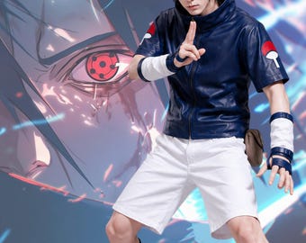 Anime Inspired Blue Leather Jacket with White Shorts Set, Ninja Cosplay Costume, Manga Convention Outfit, Halloween Costume for Men Women