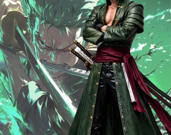 Anime Inspired Swordsman Green Leather Long Coat: Warrior Samurai Cosplay Outfit