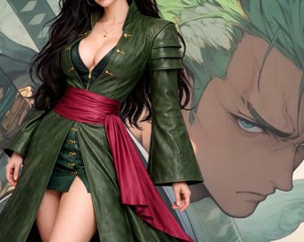 Vestido abrigo de cuero verde inspirado en el anime, atuendo de cosplay de fantasía, conjunto de disfraz estilo pirata