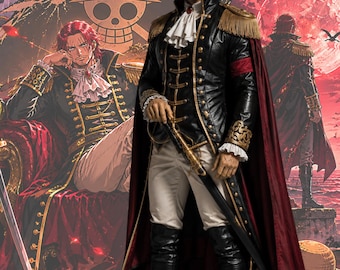Disfraz de cosplay de capitán de fantasía inspirado en el anime, abrigo de cuero con capa roja, uniforme de guerrero real para hombre.