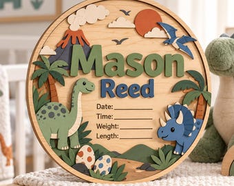 Personalized Wooden Birth Stats Sign, Custom Baby Name Plaque, Dinosaur Woodland Ocean Space Nursery Decor, Newborn Keepsake