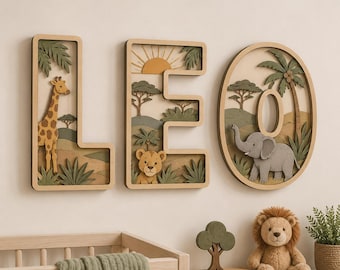 Personalized Safari Animal Name Sign, Wooden Nursery Wall Decor, Jungle Theme Baby Room Sign, Custom Kids Name Wood Letter, Baby Shower Gift