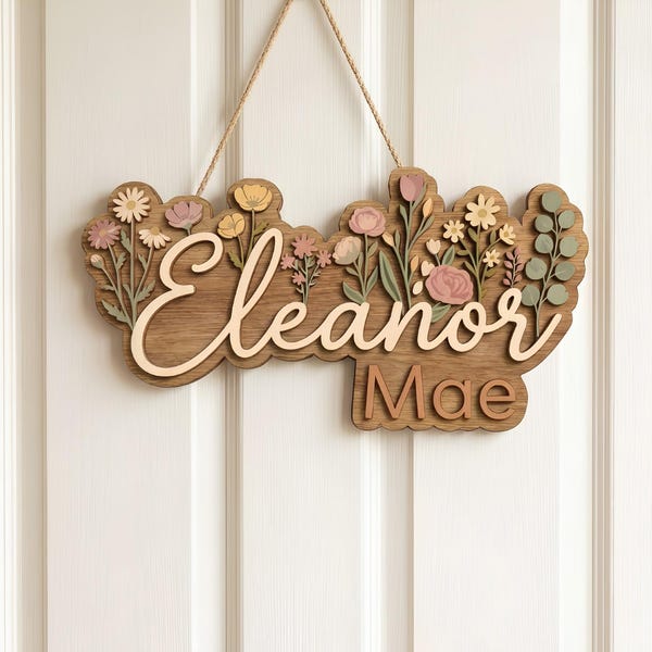 Personalized Floral Name Sign, Custom Girl Nursery Name Plaque, Wooden Baby Name Sign, Wildflower Room Decor, Baby Girl Gift