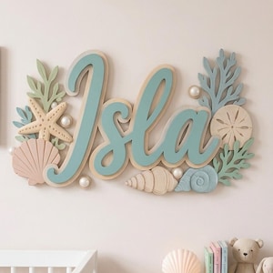 Ocean Nursery Name Sign, Custom Baby Wood Name, Under the Sea Wall Decor, Coastal Beach Nursery, Personalized New Baby Gift, Sea Shell Art