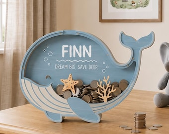 Hucha personalizada con forma de ballena, caja de dinero con nombre personalizado, bote de ahorros para niños, decoración para guardería, regalo de cumpleaños para bebé, habitación infantil, temática oceánica