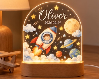 Personalized Space Night Light, Custom Name Rocket Lamp, Baby Boy Nursery Decor, Astronaut Bedroom Gift, Kids Room LED Night Light