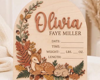 Personalized Wooden Birth Stats Sign, Woodland Deer and Bunny Baby Name Plaque, Nursery Decor