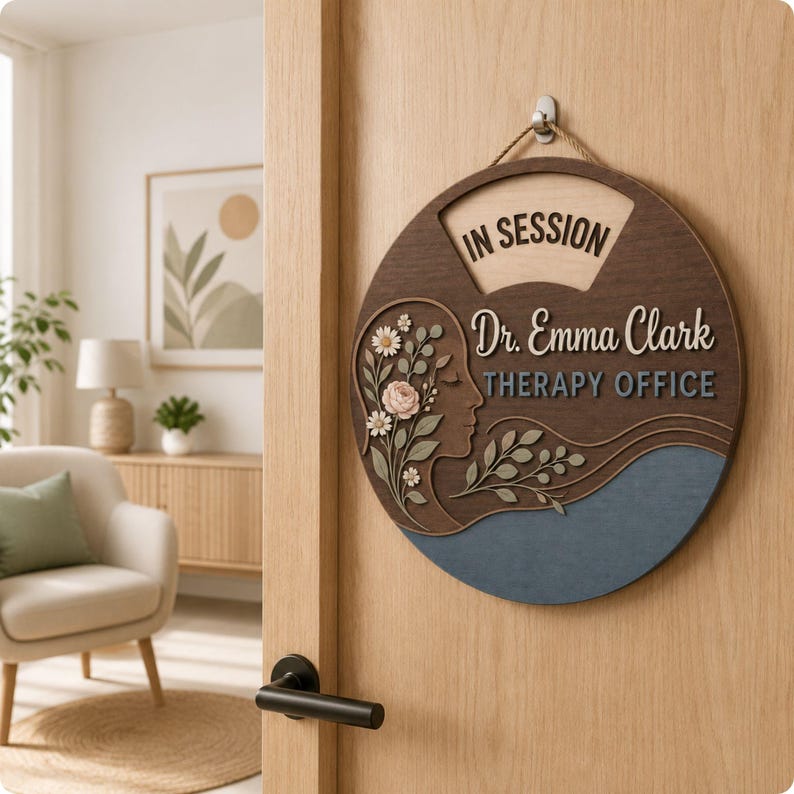 May include: A circular wooden door sign featuring the text IN SESSION, Dr. Emma Clark, and THERAPY OFFICE. The sign displays a profile silhouette of a face adorned with layered floral and leaf cutouts, finished in dark wood, blue, and cream tones.