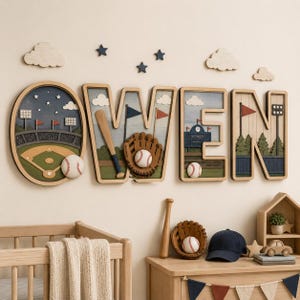 Gepersonaliseerde honkbalnaamletters, 3D houten sportwanddecoratie voor de kinderkamer, naambord op maat voor jongenskamer, honkbalstadioncadeau voor kleine jongen
